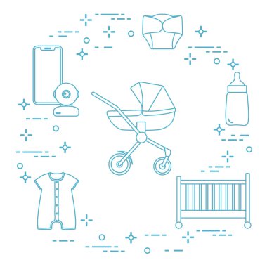 Bebekler için ürünler. Puset, beşik, Bebek telsizi, şişe, su geçirmez Külot, Tulum.