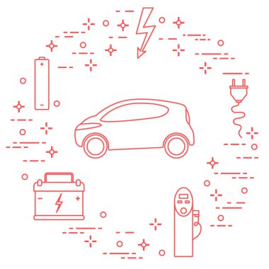 Elektrikli otomobil, pil, şarj istasyonu, elektrik güvenliği işareti, kablo, elektrik prizinden. Yeni ulaşım Çevre teknolojileri. 