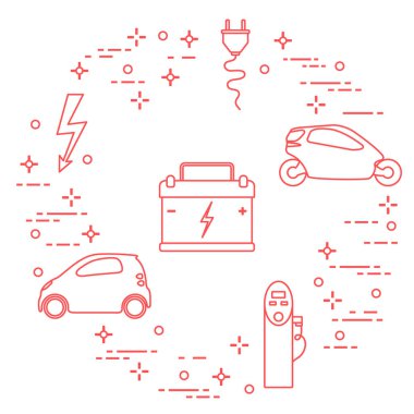 Elektrikli arabalar, pil, şarj istasyonu, elektrik güvenliği işareti, kablo, elektrik prizinden. Yeni ulaşım Çevre teknolojileri.