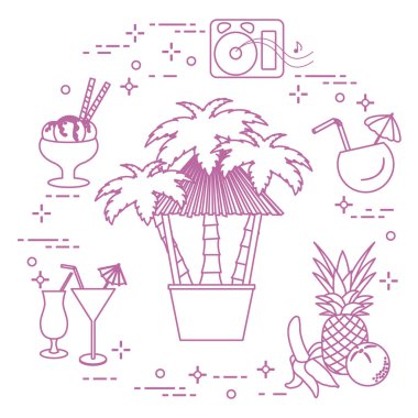 Sahilde, palmiye ağaçları, kokteyller, dondurma, müzik hoparlörler, muz, ananas, portakal Bar.