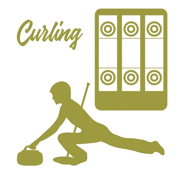 Curling Spor Kıvırma Süpürge Taş Atlet Siluet Için Oyun Alanı — Stok Vektör