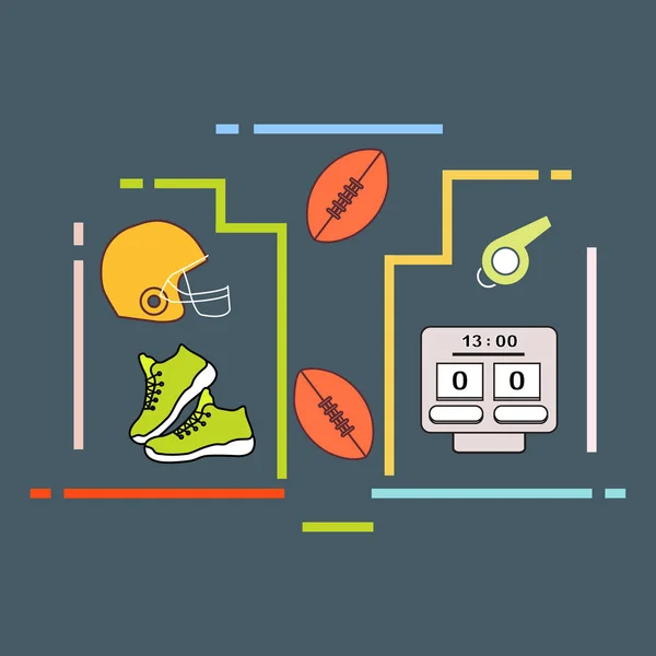 Equipment American Football Rugby Electronic Scoreboard Whistle Sneakers Helmet Balls — Stock Vector