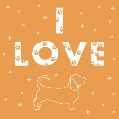 İfade: ı Love ve köpek. İletiyi izleri ile dekore edilmiştir. Tasarım, yazdırma için şablon.