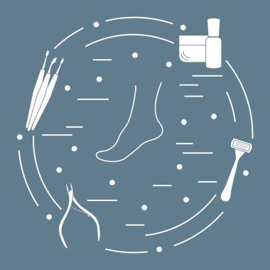 Pedikür araçları ve ürünleri, güzellik ve bakım için. Kremi, tırnak bakım ürünü, tıraş makinesi, tırnak makası, tırnak temizleme araçları, sıyırıcı.