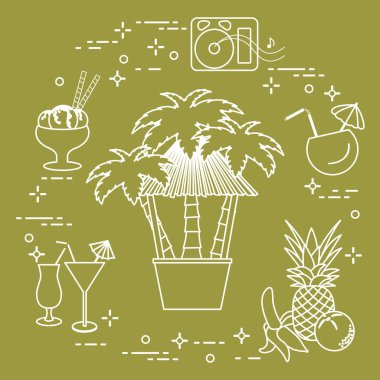 Sahilde, palmiye ağaçları, kokteyller, dondurma, müzik hoparlörler, muz, ananas, portakal Bar.