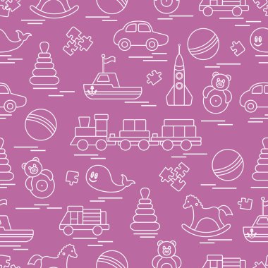 Çocuk oyuncakları ile Seamless modeli. Tren, otomobil, toplar, sallanan at, Roly, balina, bulmacalar, Piramit, tekne.
