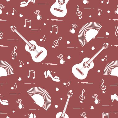 Fan, Ayakkabı, kastanyet, notlar, gitar ile Seamless modeli. Seyahat ve eğlence. İspanya'nın geleneksel semboller.