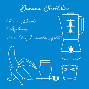 Tarifi, blender ve muz smoothie yapmak için malzemeler. Sağlıklı beslenme alışkanlıkları. Banner için tasarım ve baskı.