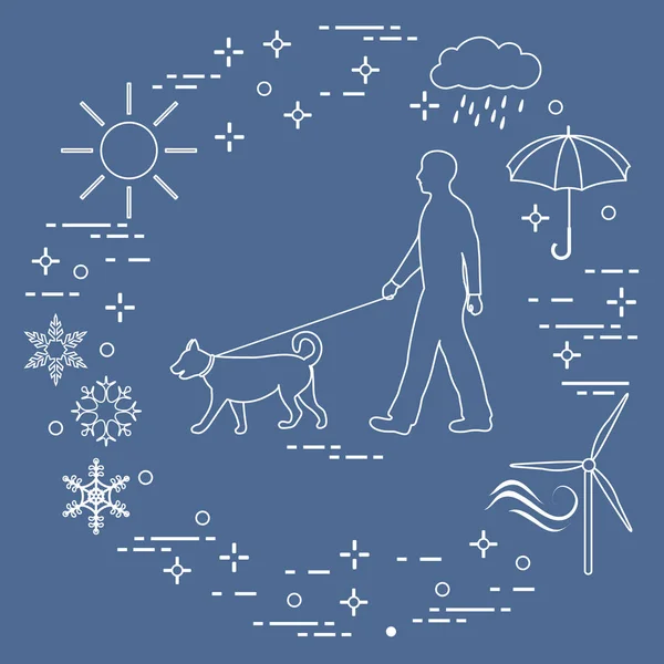 Man Walking Dog Leash Any Weather Sun Cloud Rain Umbrella — Stock Vector