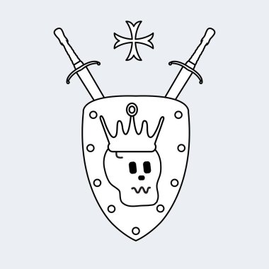 Kafatası, taç, kalkan, iki çapraz kılıç, çapraz. Öğe kartpostal, afiş veya yazdırma için Tasarla. 