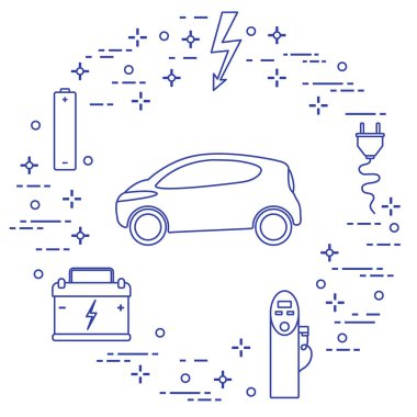 Elektrikli otomobil, pil, şarj istasyonu, elektrik güvenliği işareti, kablo, elektrik prizinden. Yeni ulaşım Çevre teknolojileri. 