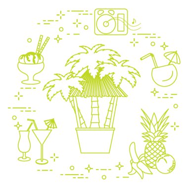 Sahilde, palmiye ağaçları, kokteyller, dondurma, müzik hoparlörler, muz, ananas, portakal Bar.