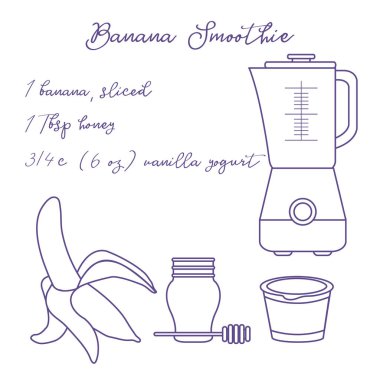 Tarifi, blender ve muz smoothie yapmak için malzemeler. Sağlıklı beslenme alışkanlıkları. Banner için tasarım ve baskı.