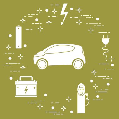 Elektrikli otomobil, pil, şarj istasyonu, elektrik güvenliği işareti, kablo, elektrik prizinden. Yeni ulaşım Çevre teknolojileri. 