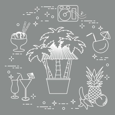 Sahilde, palmiye ağaçları, kokteyller, dondurma, müzik hoparlörler, muz, ananas, portakal Bar.