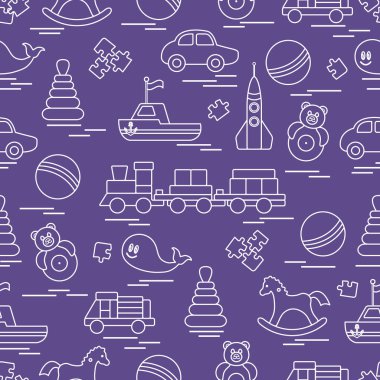 Çocuk oyuncakları ile Seamless modeli. Tren, otomobil, toplar, sallanan at, Roly, balina, bulmacalar, Piramit, tekne.