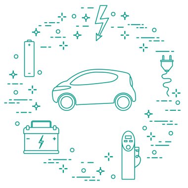 Elektrikli otomobil, pil, şarj istasyonu, elektrik güvenliği işareti, kablo, elektrik prizinden. Yeni ulaşım Çevre teknolojileri. 