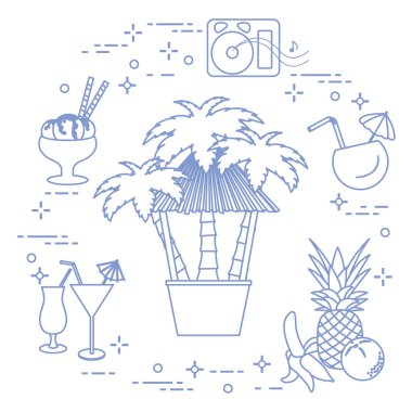 Sahilde, palmiye ağaçları, kokteyller, dondurma, müzik hoparlörler, muz, ananas, portakal Bar.