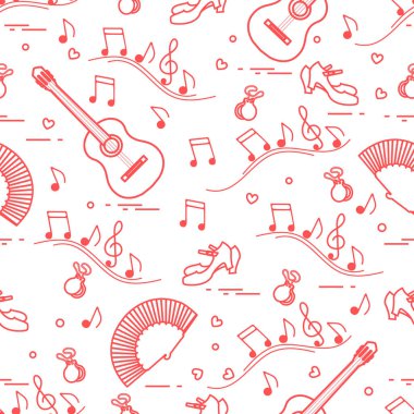 Fan, Ayakkabı, kastanyet, notlar, gitar ile Seamless modeli. Seyahat ve eğlence. İspanya'nın geleneksel semboller.