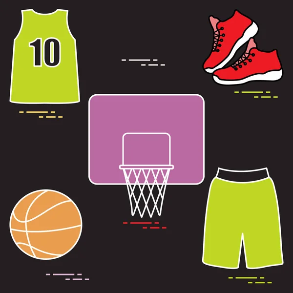 Sportuniform Und Ausrüstung Für Basketball Basketballkorb Hemd Turnschuhe Kurze Hosen — Stockvektor