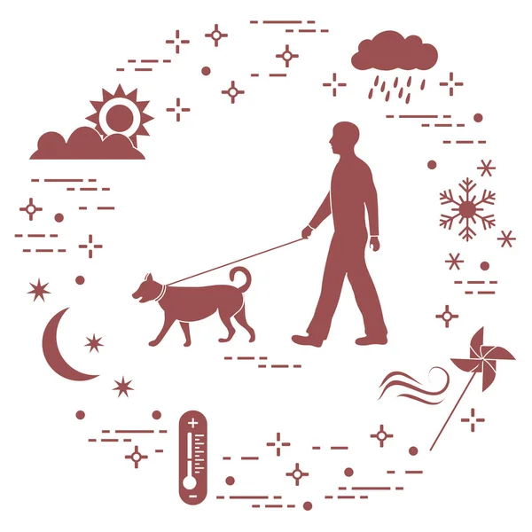 Man Walking Dog Leash Any Weather Sun Cloud Rain Wind — Stock Vector