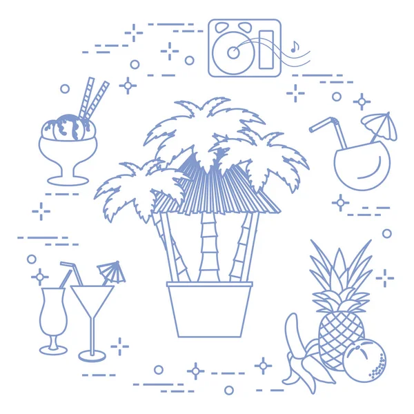 Sahilde, palmiye ağaçları, kokteyller, dondurma, müzik hoparlörler, muz, ananas, portakal Bar.