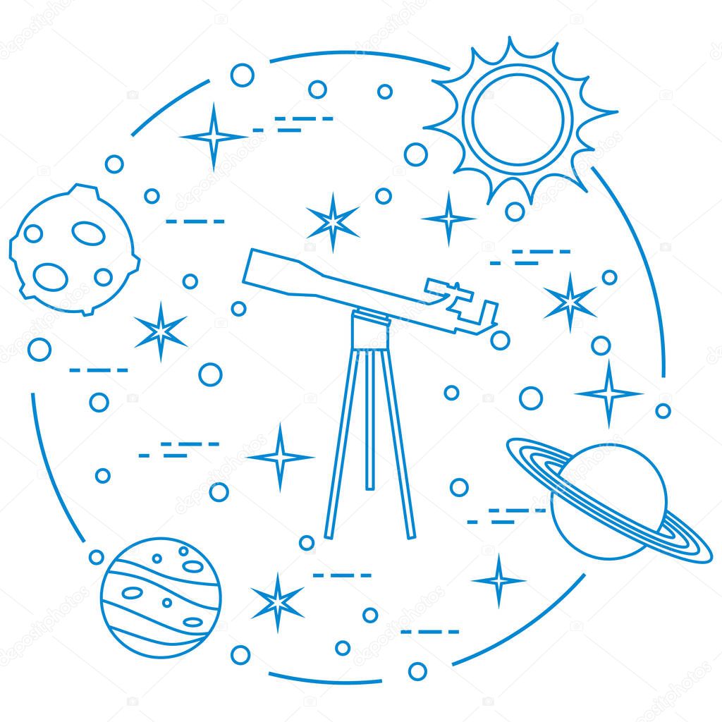 Science: telescope, sun, moon, planets, stars. Space exploration. Astronomy.