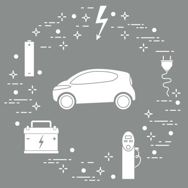Elektrikli otomobil, pil, şarj istasyonu, elektrik güvenliği işareti, kablo, elektrik prizinden. Yeni ulaşım Çevre teknolojileri. 