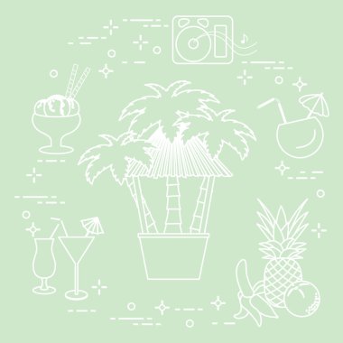 Sahilde, palmiye ağaçları, kokteyller, dondurma, müzik hoparlörler, muz, ananas, portakal Bar.