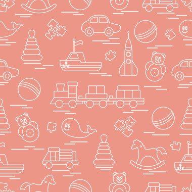 Çocuk oyuncakları ile Seamless modeli. Tren, otomobil, toplar, sallanan at, Roly, balina, bulmacalar, Piramit, tekne.