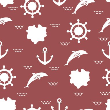 Yunuslar, çapa, direksiyon, dalgalar, Adaları ile Seamless modeli. Yaz eğlence.