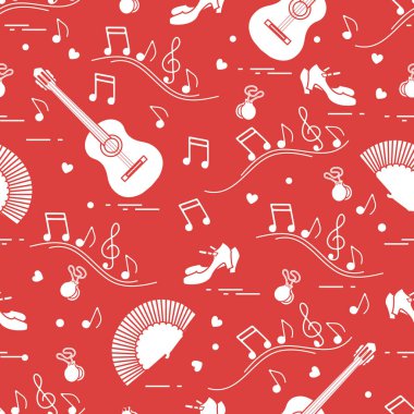 Fan, Ayakkabı, kastanyet, notlar, gitar ile Seamless modeli. Seyahat ve eğlence. İspanya'nın geleneksel semboller.
