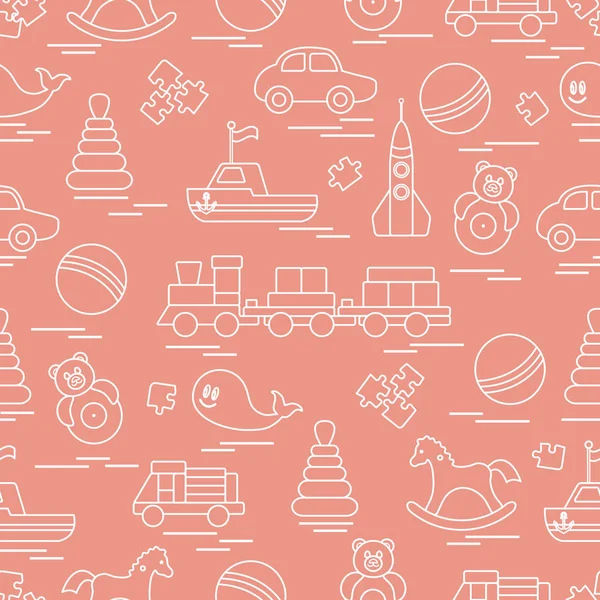 Çocuk oyuncakları ile Seamless modeli. Tren, otomobil, toplar, sallanan at, Roly, balina, bulmacalar, Piramit, tekne.