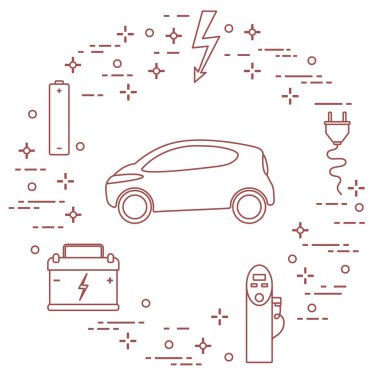 Elektrikli otomobil, pil, şarj istasyonu, elektrik güvenliği işareti, kablo, elektrik prizinden. Yeni ulaşım Çevre teknolojileri. 