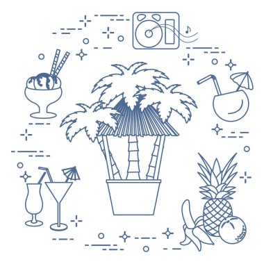 Sahilde, palmiye ağaçları, kokteyller, dondurma, müzik hoparlörler, muz, ananas, portakal Bar.