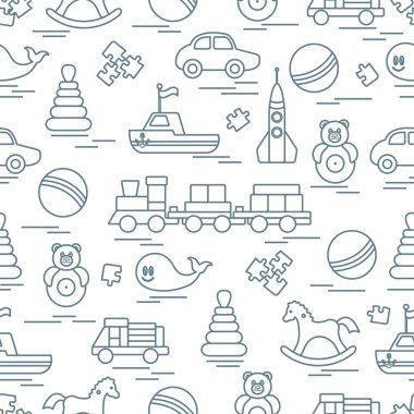 Çocuk oyuncakları ile Seamless modeli. Tren, otomobil, toplar, sallanan at, Roly, balina, bulmacalar, Piramit, tekne.