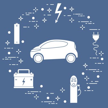 Elektrikli otomobil, pil, şarj istasyonu, elektrik güvenliği işareti, kablo, elektrik prizinden. Yeni ulaşım Çevre teknolojileri. 