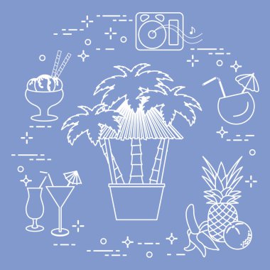 Sahilde, palmiye ağaçları, kokteyller, dondurma, müzik hoparlörler, muz, ananas, portakal Bar.