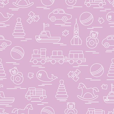Çocuk oyuncakları ile Seamless modeli. Tren, otomobil, toplar, sallanan at, Roly, balina, bulmacalar, Piramit, tekne.