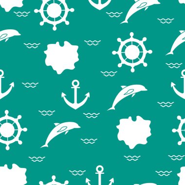 Yunuslar, çapa, direksiyon, dalgalar, Adaları ile Seamless modeli. Yaz eğlence.