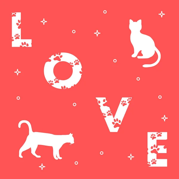 Parola Amore Messaggio Decorato Con Tracce Gatto Gatti Modello Design — Vettoriale Stock