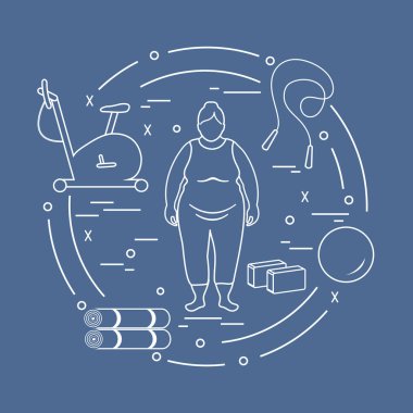 Şişman kadın ve farklı spor malzemeleri. Sağlıklı bir yaşam tarzı. Egzersiz bisikleti, atlama ipi, fitball, yoga tuğla ve mat.