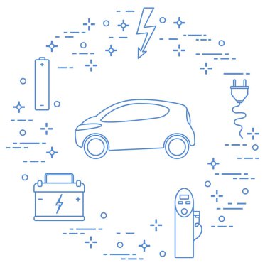 Elektrikli otomobil, pil, şarj istasyonu, elektrik güvenliği işareti, kablo, elektrik prizinden. Yeni ulaşım Çevre teknolojileri. 