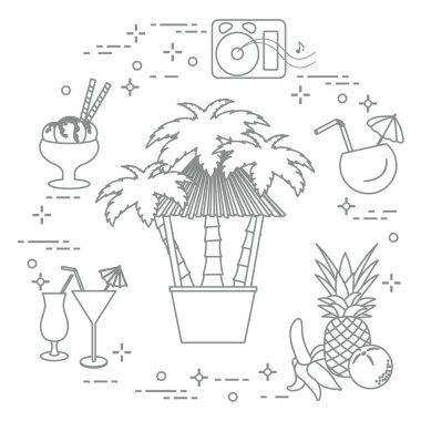 Sahilde, palmiye ağaçları, kokteyller, dondurma, müzik hoparlörler, muz, ananas, portakal Bar.