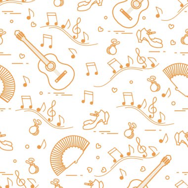 Fan, Ayakkabı, kastanyet, notlar, gitar ile Seamless modeli. Seyahat ve eğlence. İspanya'nın geleneksel semboller.