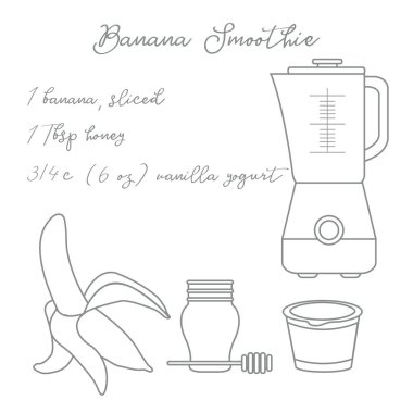 Tarifi, blender ve muz smoothie yapmak için malzemeler. Sağlıklı beslenme alışkanlıkları. Banner için tasarım ve baskı.