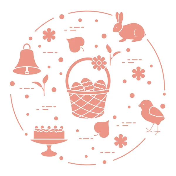 Easter Symbols Simnel Cake Basket Eggs Bell Rabbit Chick Flowers — Stock Vector