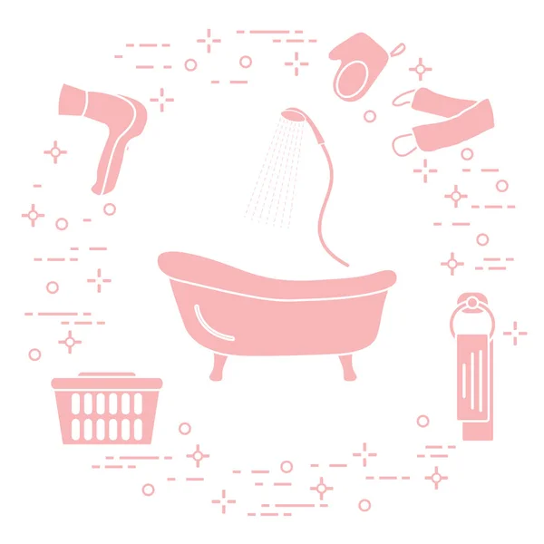浴室の要素 シャワー ドライヤー 浴用タオル タオル ランドリー バスケット ポスターまたは印刷用デザイン — ストックベクタ