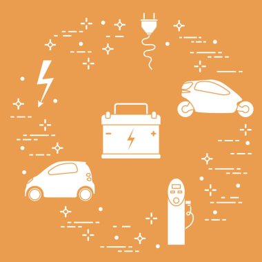 Elektrikli arabalar, pil, şarj istasyonu, elektrik güvenliği işareti, kablo, elektrik prizinden. Yeni ulaşım Çevre teknolojileri.
