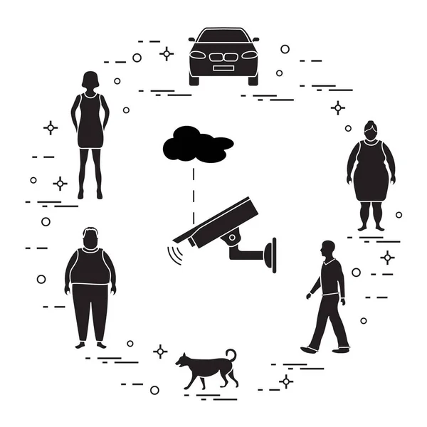 Bewakingscamera Vrouw Meisje Mannen Hond Auto Bescherming Van Privé Eigendom — Stockvector